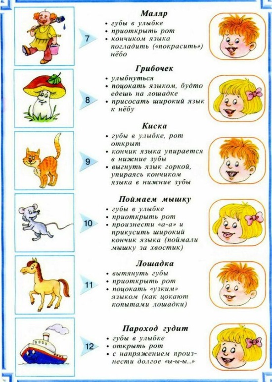Упражнения "Маляр", "Грибочек", "Киска", "Поймай мышку", "Лошадка" "Пароход"